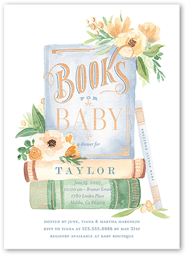 Stacked Books Baby Shower Invitation, Blue, 5x7 Flat, Luxe Double-Thick Cardstock, Square