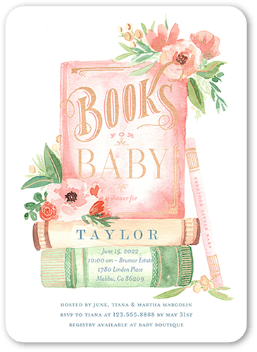 Stacked Books Baby Shower Invitation, Pink, 5x7 Flat, Standard Smooth Cardstock, Rounded, Shrimp