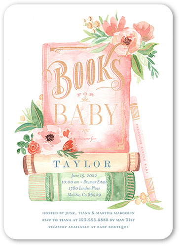 Stacked Books Baby Shower Invitation, Pink, 5x7 Flat, Matte, Signature Smooth Cardstock, Rounded