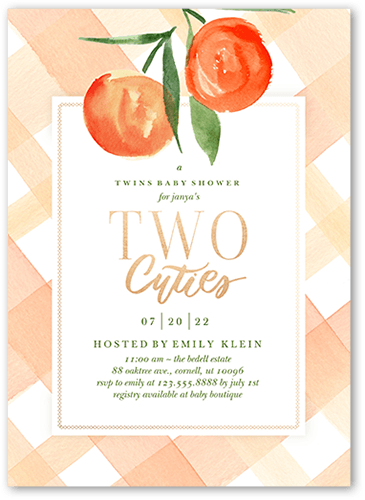 Two Cuties Baby Shower Invitation, Orange, 5x7 Flat, Standard Smooth Cardstock, Square