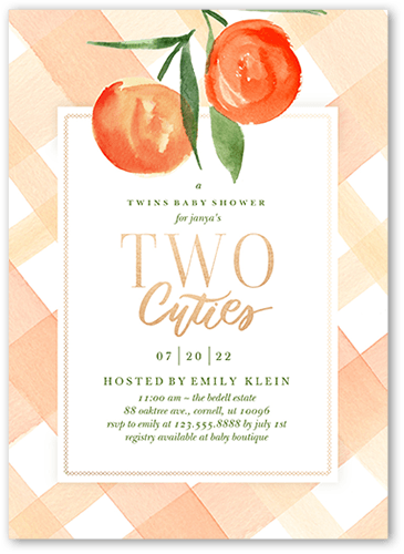 Two Cuties Baby Shower Invitation, Orange, 5x7 Flat, Pearl Shimmer Cardstock, Square, Citrus