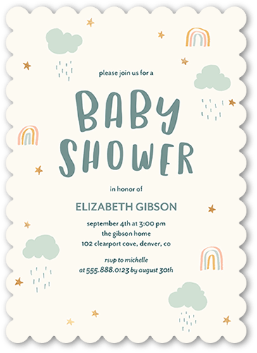 Happy Doodles Boy Baby Shower Invitation, Beige, 5x7 Flat, Pearl Shimmer Cardstock, Scallop