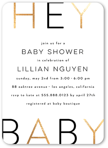 Hey There Baby Baby Shower Invitation, White, 5x7 Flat, Pearl Shimmer Cardstock, Rounded