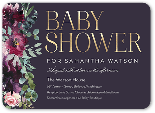 Side Flowers Baby Shower Invitation, Purple, 5x7 Flat, Pearl Shimmer Cardstock, Rounded