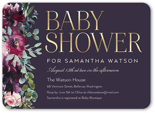 Side Flowers Baby Shower Invitation, Purple, 5x7 Flat, Matte, Signature Smooth Cardstock, Rounded