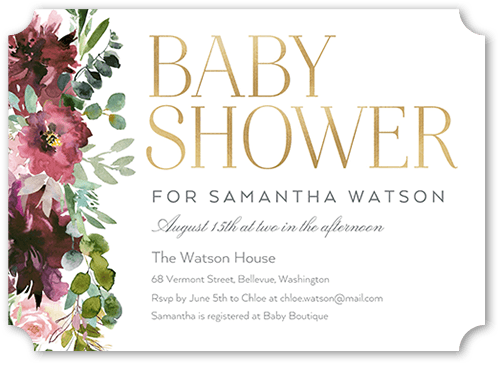 Side Flowers Baby Shower Invitation, White, 5x7 Flat, Pearl Shimmer Cardstock, Ticket