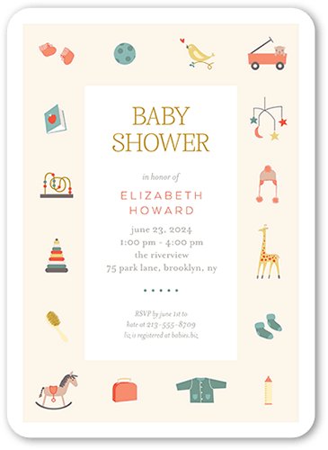 Tiny Treats Baby Shower Invitation, Beige, 5x7 Flat, Pearl Shimmer Cardstock, Rounded