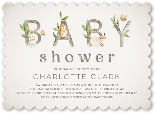 Natural Letters Baby Shower Invitation, White, 5x7 Flat, Matte, Signature Smooth Cardstock, Scallop