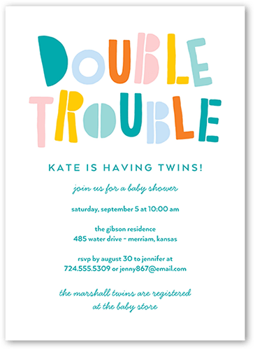 Double The Trouble Baby Shower Invitation, Blue, 5x7 Flat, Luxe Double-Thick Cardstock, Square