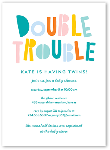 Double The Trouble Baby Shower Invitation, Blue, 5x7 Flat, Pearl Shimmer Cardstock, Square