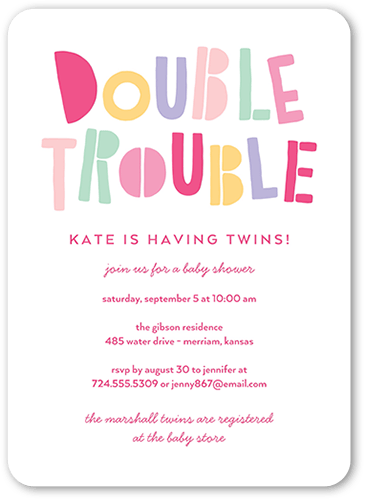 Double The Trouble Baby Shower Invitation, Pink, 5x7 Flat, Standard Smooth Cardstock, Rounded