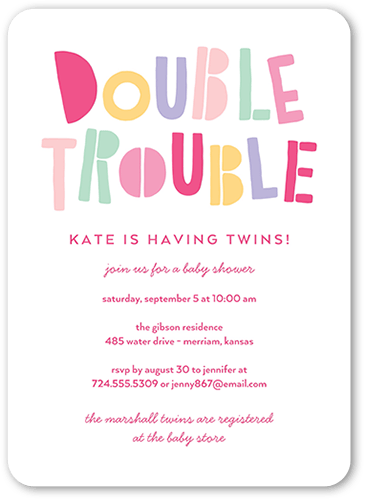 Double The Trouble Baby Shower Invitation, Pink, 5x7 Flat, 100% Recycled Cardstock , Rounded