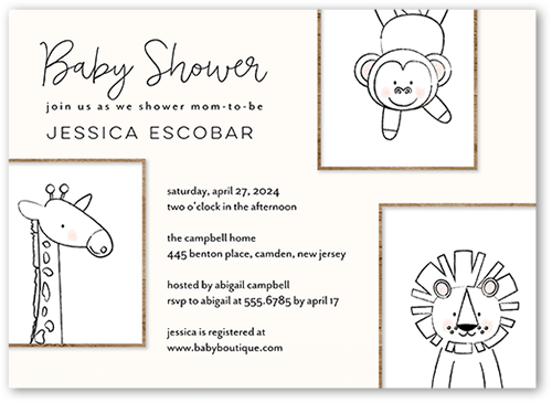 Doodle Animals Baby Shower Invitation, White, 5x7 Flat, Standard Smooth Cardstock, Square, White
