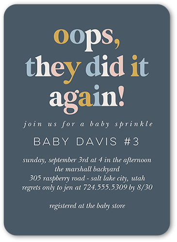 Oops Another One Baby Shower Invitation, Grey, 5x7 Flat, Standard Smooth Cardstock, Rounded, Gunmetal