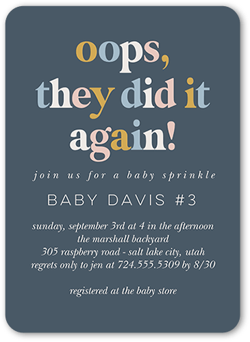 Oops Another One Baby Shower Invitation, Grey, 5x7 Flat, Matte, Signature Smooth Cardstock, Rounded