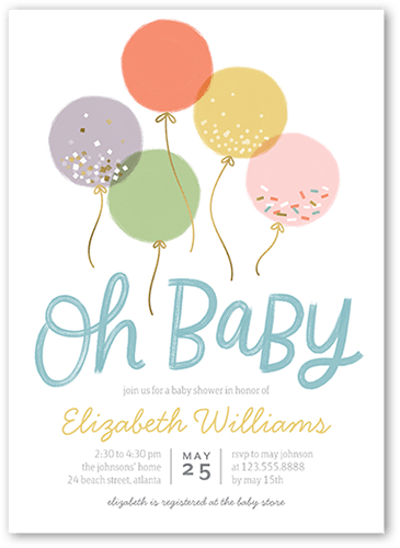 Baby Balloons Baby Shower Invitation, White, 5x7 Flat, Luxe Double-Thick Cardstock, Square