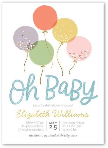 Baby Balloons Baby Shower Invitation, White, 5x7 Flat, 100% Recycled Cardstock ?, Square