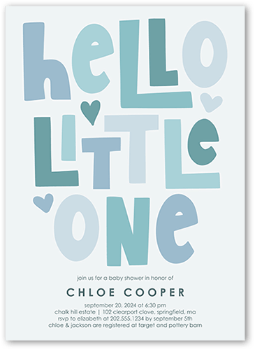 Hello Tiny One Baby Shower Invitation, Blue, 5x7 Flat, Pearl Shimmer Cardstock, Square