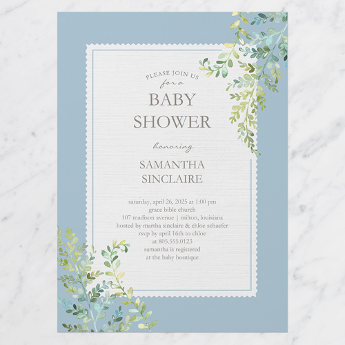 Classically Floral Baby Shower Invitation, Blue, 5x7 Flat, Standard Smooth Cardstock, Square
