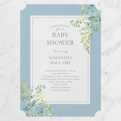 Classically Floral Baby Shower Invitation, Blue, 5x7 Flat, Pearl Shimmer Cardstock, Ticket