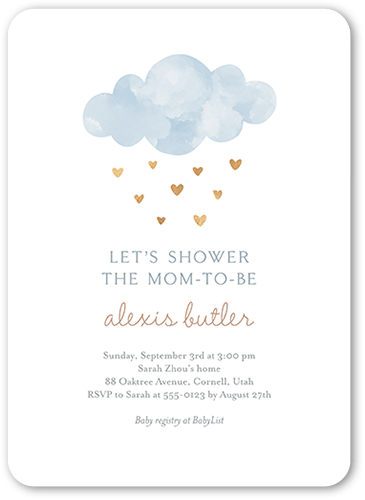 Heart Showers Baby Shower Invitation, Blue, 5x7 Flat, Pearl Shimmer Cardstock, Rounded