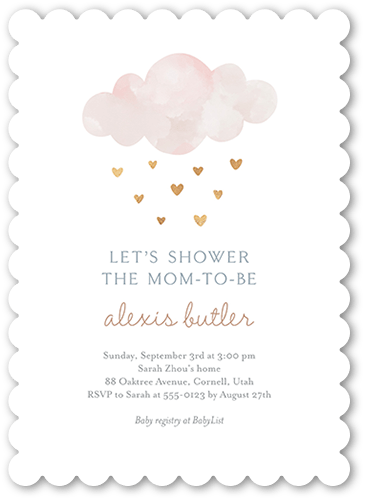 Heart Showers Baby Shower Invitation, Pink, 5x7 Flat, Pearl Shimmer Cardstock, Scallop
