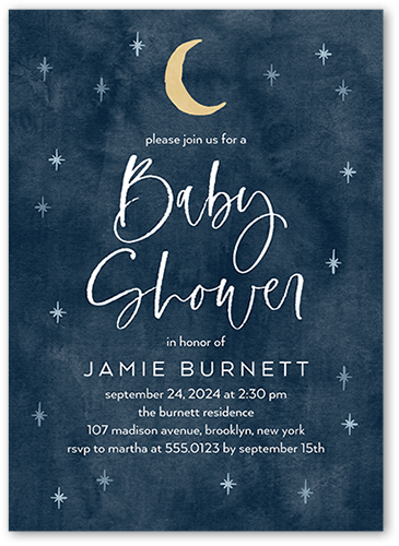 Papercraft Crescent Baby Shower Invitation, Blue, 5x7 Flat, Pearl Shimmer Cardstock, Square