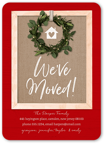 Rustic Wreathed Door Moving Announcement, Red, 5x7 Flat, 100% Recycled Cardstock , Rounded