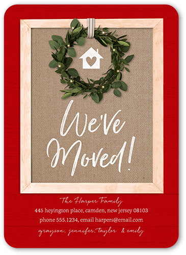 Rustic Wreathed Door Moving Announcement, Red, 5x7 Flat, Pearl Shimmer Cardstock, Rounded