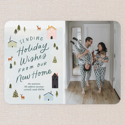 Village Wishes Moving Announcement, Blue, 5x7 Flat, Pearl Shimmer Cardstock, Rounded, Lightest Turquoise