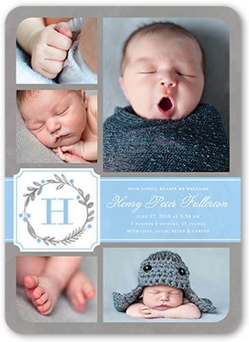 Wreath Monogram Boy Birth Announcement, Blue, 5x7 Flat, Pearl Shimmer Cardstock, Rounded