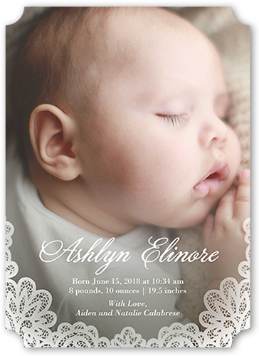 Elegant Lace Border Birth Announcement, White, Pearl Shimmer Cardstock, Ticket