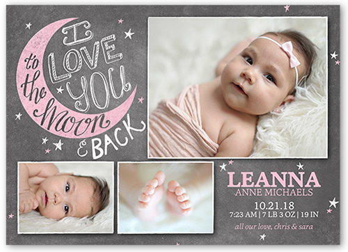 To the Moon Girl Birth Announcement, Grey, Pearl Shimmer Cardstock, Square