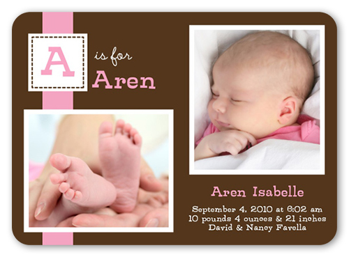 Dainty Denote Pink Birth Announcement, Brown, Pearl Shimmer Cardstock, Rounded, brown