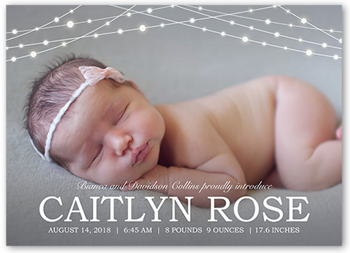 Bokeh Lights Birth Announcement, White, Pearl Shimmer Cardstock, Square