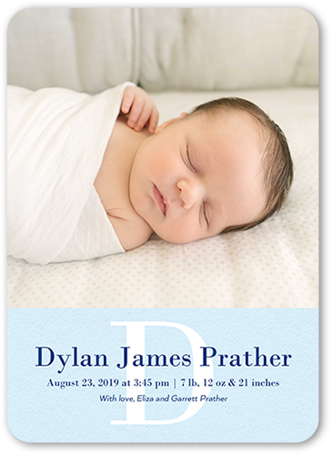 Simple Monogram Boy Birth Announcement, Blue, Standard Smooth Cardstock, Rounded