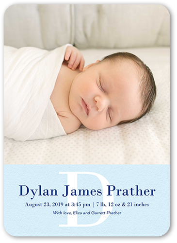Simple Monogram Boy Birth Announcement, Blue, 100% Recycled Cardstock , Rounded