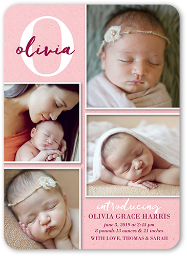 Monogram Welcome Girl Birth Announcement, Pink, 100% Recycled Cardstock , Rounded