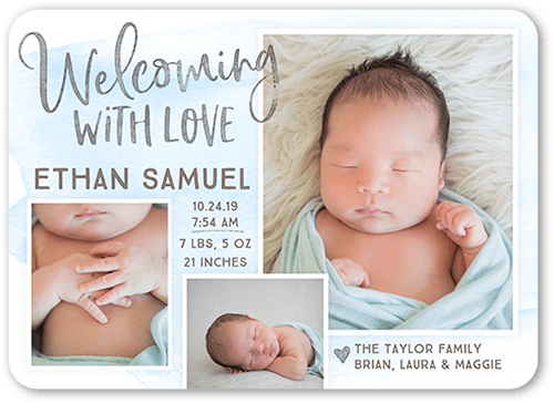 Welcoming Wash Boy Birth Announcement, Blue, 5x7 Flat, Pearl Shimmer Cardstock, Rounded