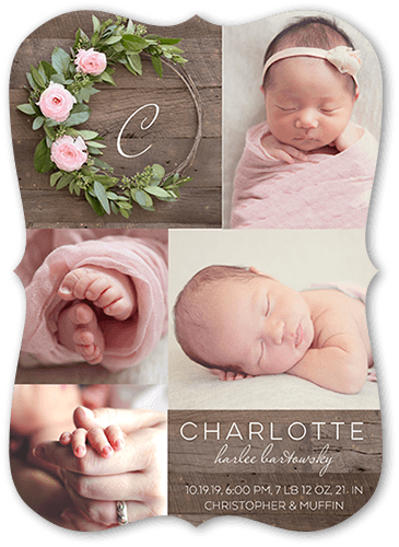 Adorned Monogram Birth Announcement, Pink, 5x7 Flat, Pearl Shimmer Cardstock, Bracket