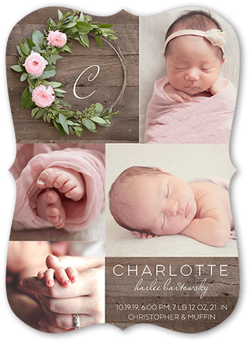 Adorned Monogram Birth Announcement, Pink, 5x7 Flat, 100% Recycled Cardstock , Bracket
