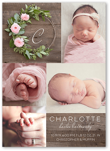 Adorned Monogram Birth Announcement, Pink, 5x7 Flat, Standard Smooth Cardstock, Square