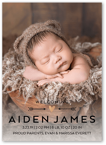 Directional Heart Birth Announcement, Black, 5x7 Flat, Pearl Shimmer Cardstock, Square