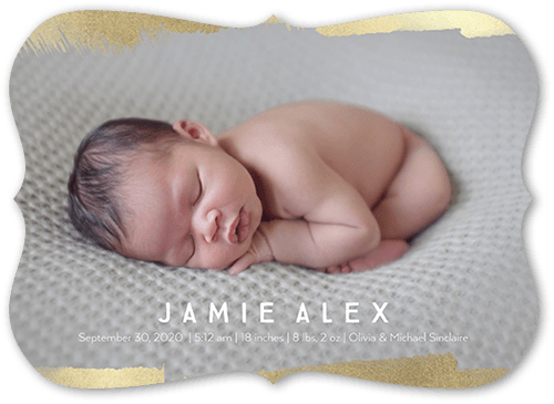 Contemporary Brushstroke Birth Announcement, Yellow, 5x7, Pearl Shimmer Cardstock, Bracket