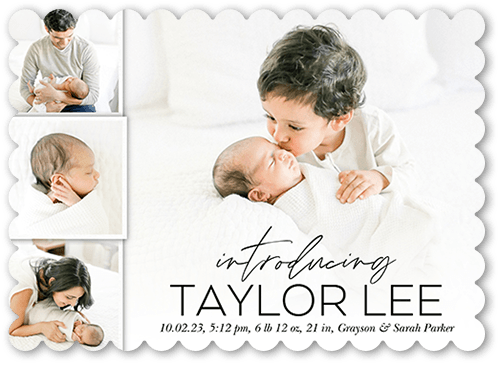 Modern Introduction Birth Announcement, White, 5x7 Flat, Pearl Shimmer Cardstock, Scallop