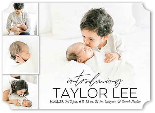 Modern Introduction Birth Announcement, White, 5x7 Flat, Pearl Shimmer Cardstock, Ticket