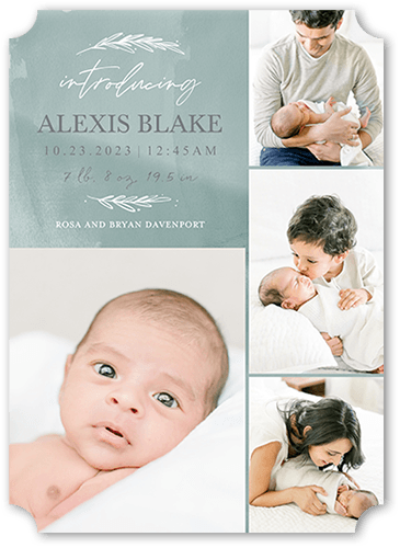 Watercolor Beginnings Birth Announcement, Green, 5x7 Flat, Matte, Signature Smooth Cardstock, Ticket