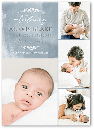 Watercolor Beginnings Birth Announcement, Blue, 5x7 Flat, Pearl Shimmer Cardstock, Square