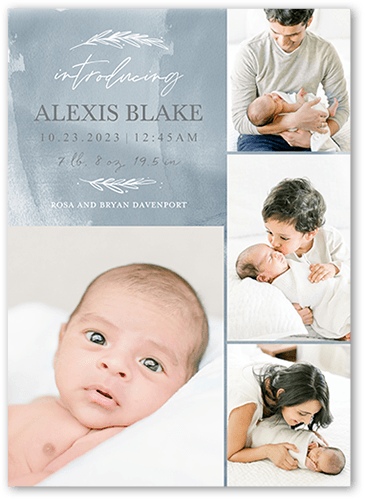 Watercolor Beginnings Birth Announcement, Blue, 5x7 Flat, Luxe Double-Thick Cardstock, Square