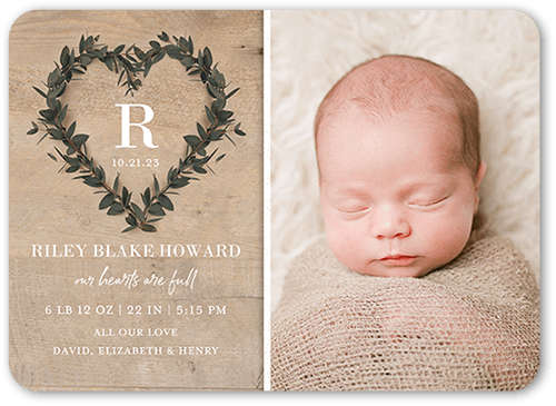 Wreathed Heart Birth Announcement, Beige, 5x7 Flat, 100% Recycled Cardstock , Rounded